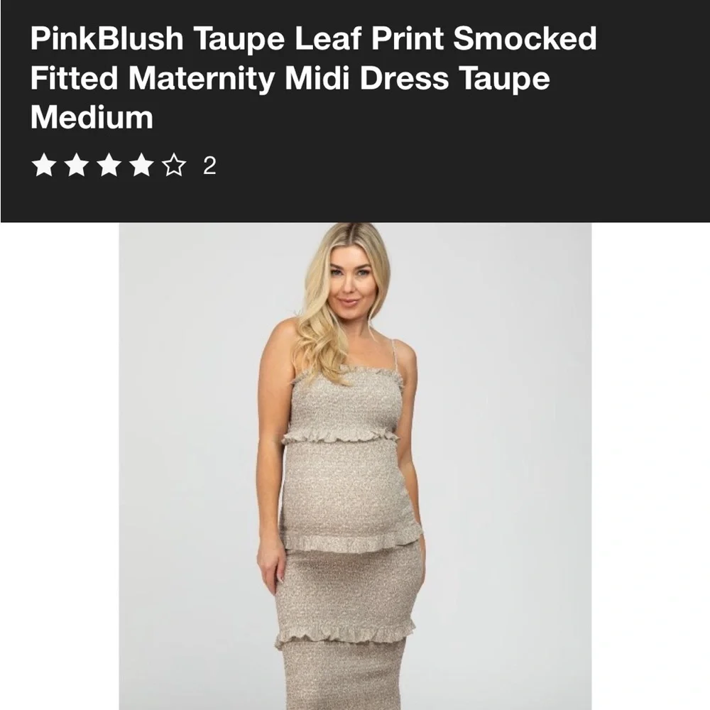 NWOT PinkBlush Taupe Leaf Print Smocked Fitted Maternity Midi Dress Taupe Medium